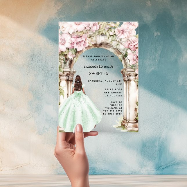 Green pink florals arch dress clear Sweet 16 Acrylic Invitations (Creator Uploaded)