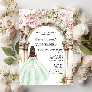 Green pink florals arch dress Quinceanera Invitation