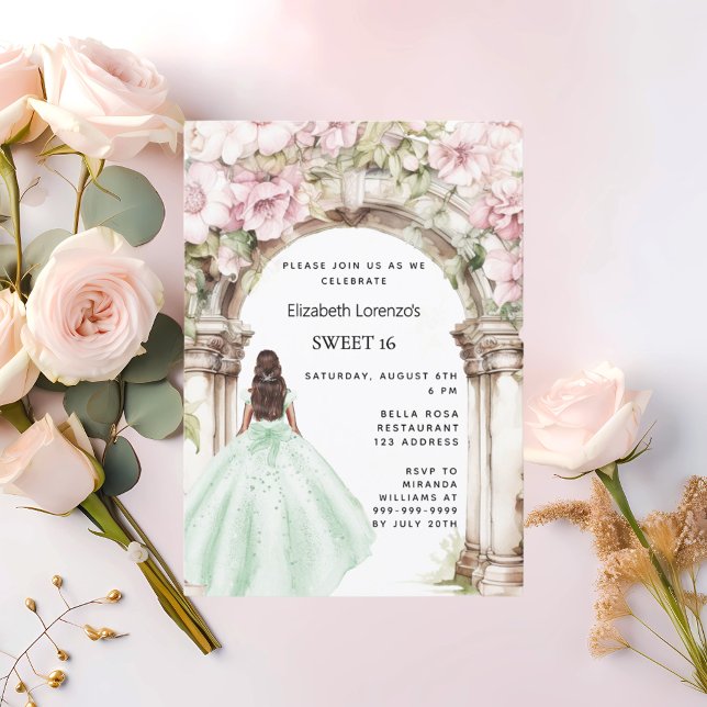 Green pink florals arch dress Sweet 16 Invitation (Creator Uploaded)