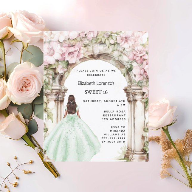 Green pink florals arch dress Sweet 16 Invitation Postcard (Creator Uploaded)