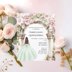 Green pink florals arch Quinceanera invitation