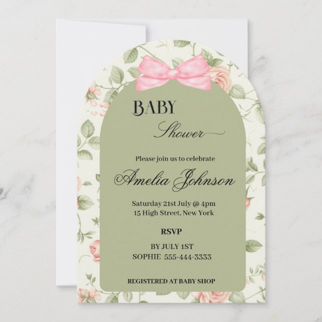 Green Pink Flower & Bow Girl Baby Shower Invitation (Front)