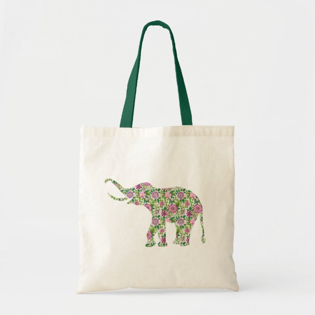 Green & Pink Flowers Elephant Illustration Tote Bag (Front)