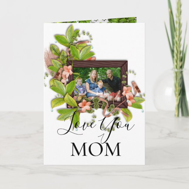 Green Pink Flowers Picture Frame Add a Photo Card (Front)