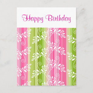 Green pink flowers stripes Happy Birthday Postcard