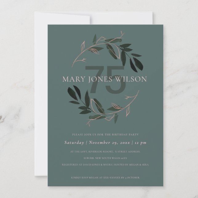 GREEN PINK FOLIAGE WREATH ANY AGE 75 BIRTHDAY CARD (Front)