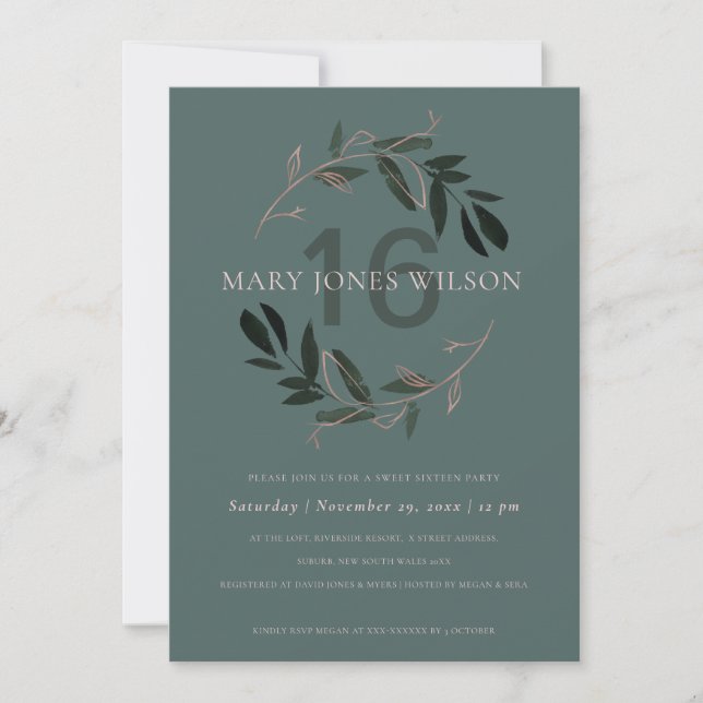 GREEN PINK FOLIAGE WREATH SWEET 16 BIRTHDAY CARD (Front)