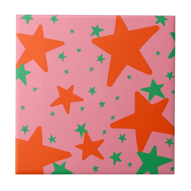 Green Pink Geometric Stars Pattern Tile (Front)