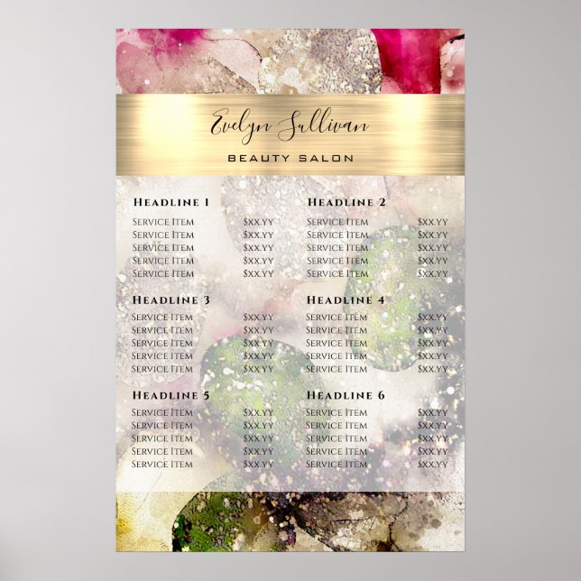 Green Pink glitter watercolor Price List Poster (Front)