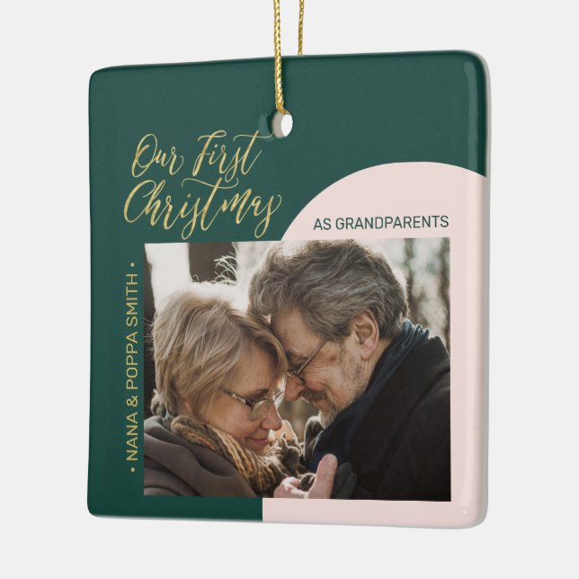 Green, Pink & Gold Modern First Christmas Photo Ceramic Ornament (Left)