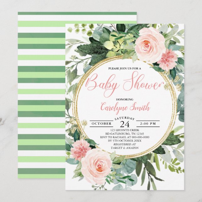 Green Pink Gold Watercolor Botanical Baby Shower Invitation (Front/Back)
