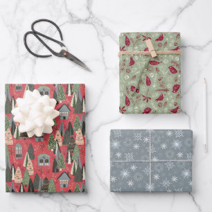 Green Pink Grey Christmas Forest Village Wrapping Paper Sheet