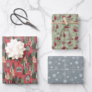 Green Pink Grey Christmas Forest Village Wrapping Paper Sheet