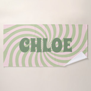 Green & Pink Groovy Swirl Bath Towel Custom Name