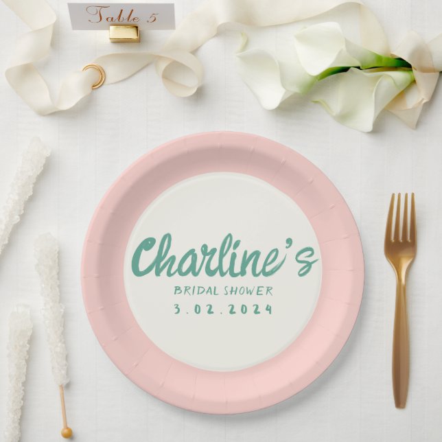 Green Pink Handwriting Retro Bridal Shower Paper Plate (Wedding)