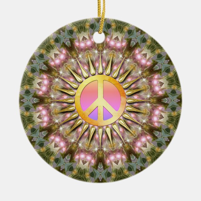 Green Pink Healing Light Peace Mandala Ceramic Tree Decoration (Front)