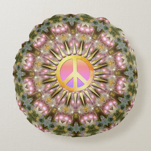 Green Pink Healing Light Peace Mandala Round Cushion (Front)