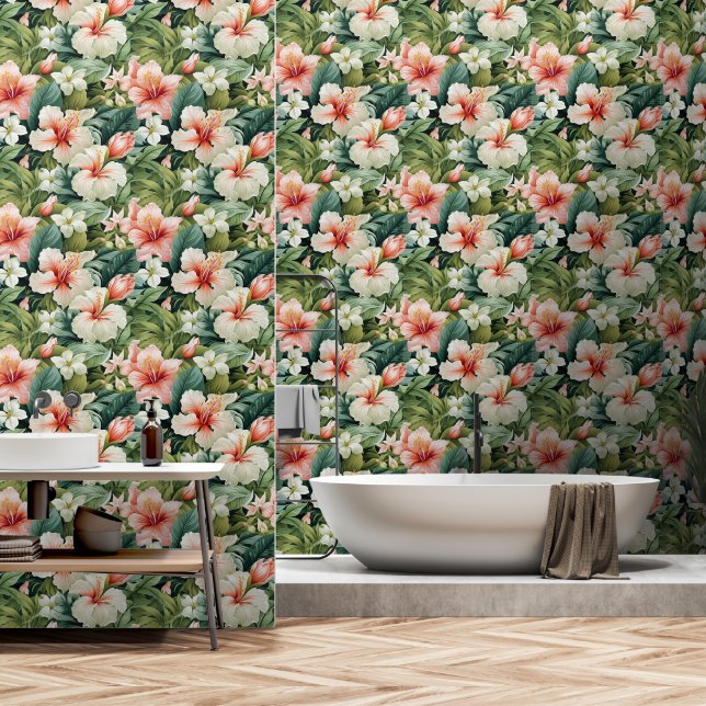 Green & Pink Hibiscus Tropical Forest Wallpaper (Bathroom)