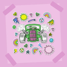 Green pink Hot Rod Car and Unicorn sticker sheet
