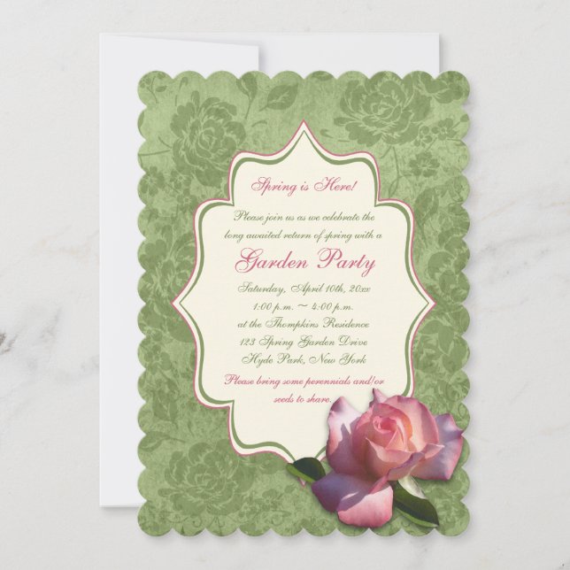Green Pink Ivory Rose Damask Garden Party Invite (Front)