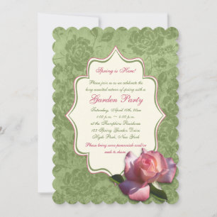 Green Pink Ivory Rose Damask Garden Party Invite
