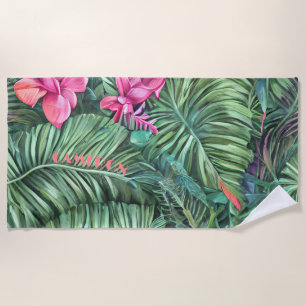 Green Pink Leaf Pattern Personalised Summer Beach Towel