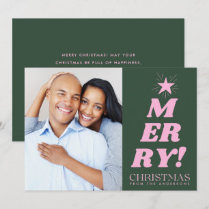 Green & Pink Merry Christmas Photo Holiday Card