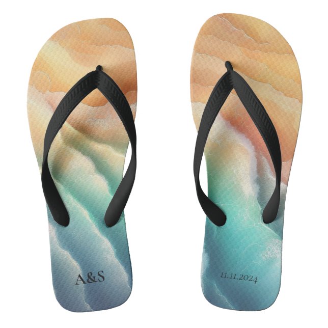 Green Pink Ocean Beach SUMMER Watercolor Elegant Flip Flops (Footbed)