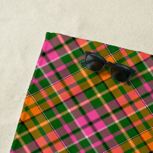 Green Pink Orange Plaid Tartan Design Beach Towel
