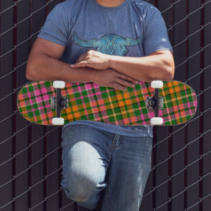 Green Pink Orange Plaid Tartan Design  Skateboard