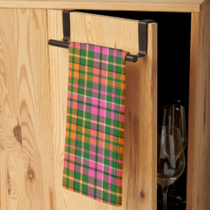 Green Pink Orange Plaid Tartan Design Tea Towel
