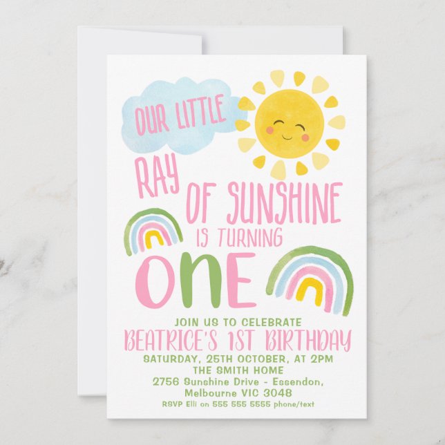 Green Pink Our Little Ray Of Sunshine 1st Birthday Invitation (Front)