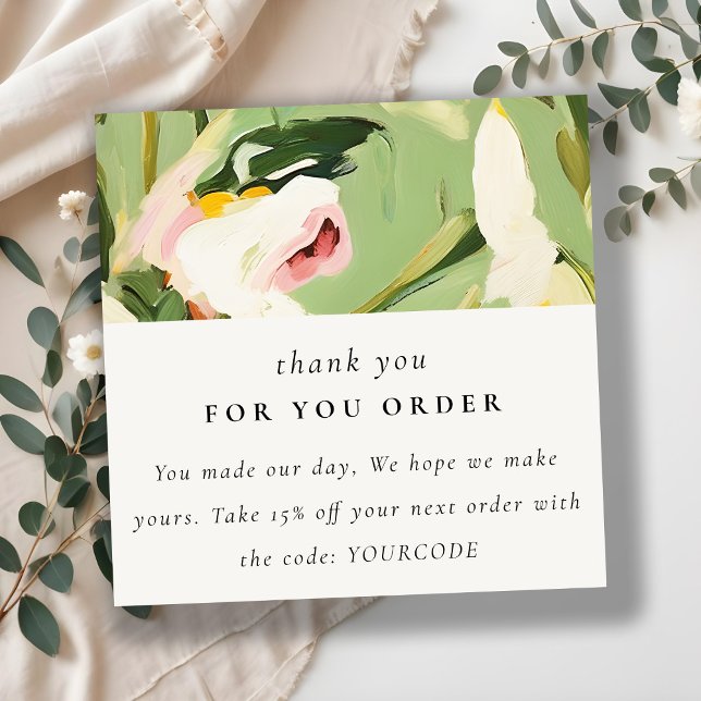 Green Pink Painted Floral Thank You For Order Square Business Card (Creator Uploaded)