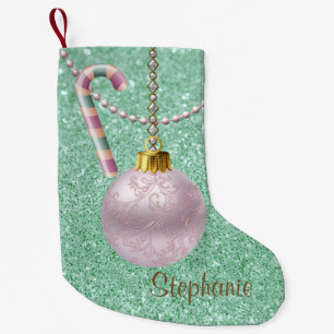 Green & Pink Pastel Ornament Faux Glitter Small Christmas Stocking