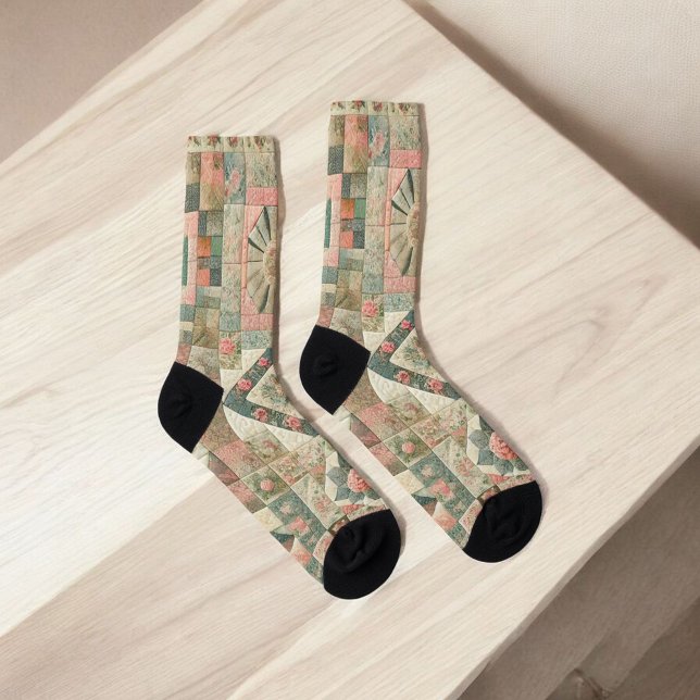 Green & Pink Patchwork Quilt Rustic Quilt Boho  Socks (Creator Uploaded)