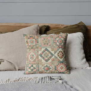 Green Pink Patchwork Quilt Rustic Retro Vintage Cushion