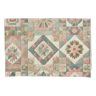 Green Pink Patchwork Quilt Rustic Vintage Floral Pillowcase