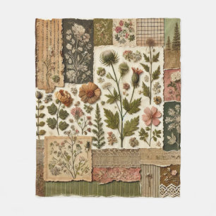Green & Pink Patchwork Rustic Retro Vintage Floral Fleece Blanket