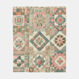 Green & Pink Patchwork Rustic Retro Vintage Floral Fleece Blanket