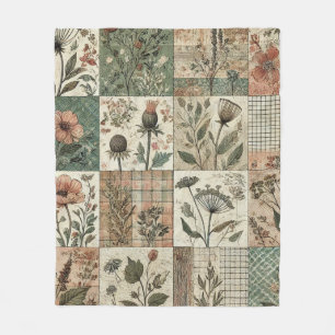 Green & Pink Patchwork Rustic Retro Vintage Floral Fleece Blanket