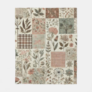 Green & Pink Patchwork Rustic Retro Vintage Floral Fleece Blanket