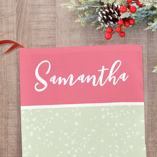 Green Pink Personalised Cute Christmas Small Christmas Stocking (Cute calligraphy script white, pink, and green speckles holiday stocking.)
