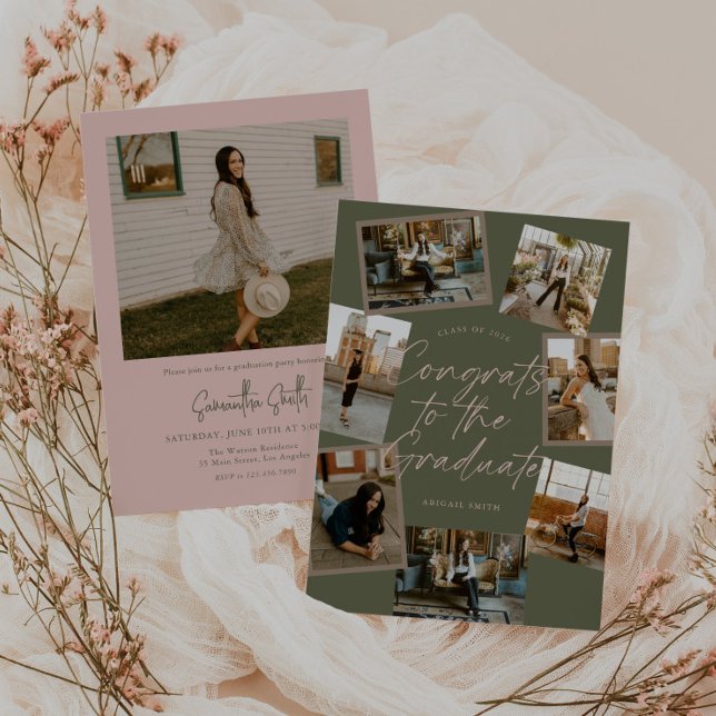 Green & Pink Photo Collage Graduation Invitation (Creator Uploaded)