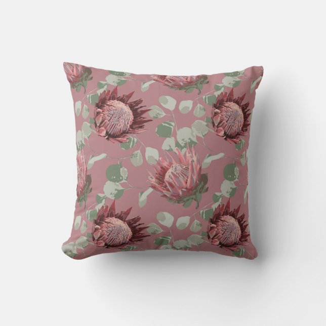 Green & Pink Protea on Pink accent pillow (Front)