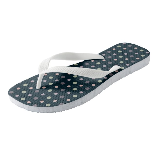 Green, pink, purple, blue dots flip flops (Angled)