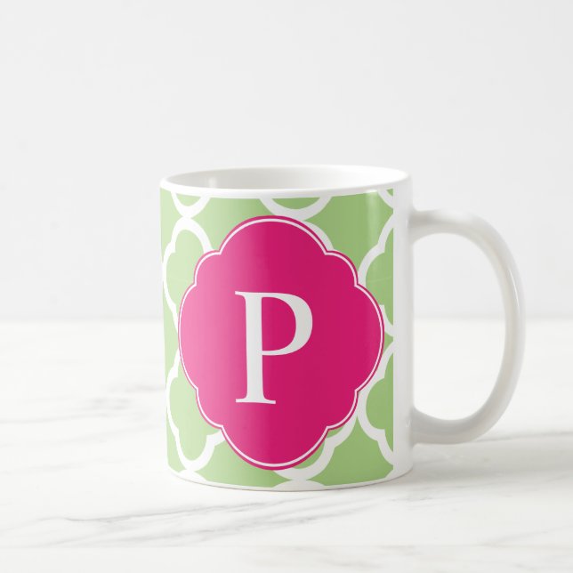 Green Pink Quatrefoil Monogram Coffee Mug (Right)