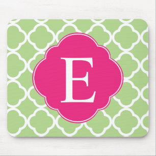 Green Pink Quatrefoil Monogram Mouse Mat