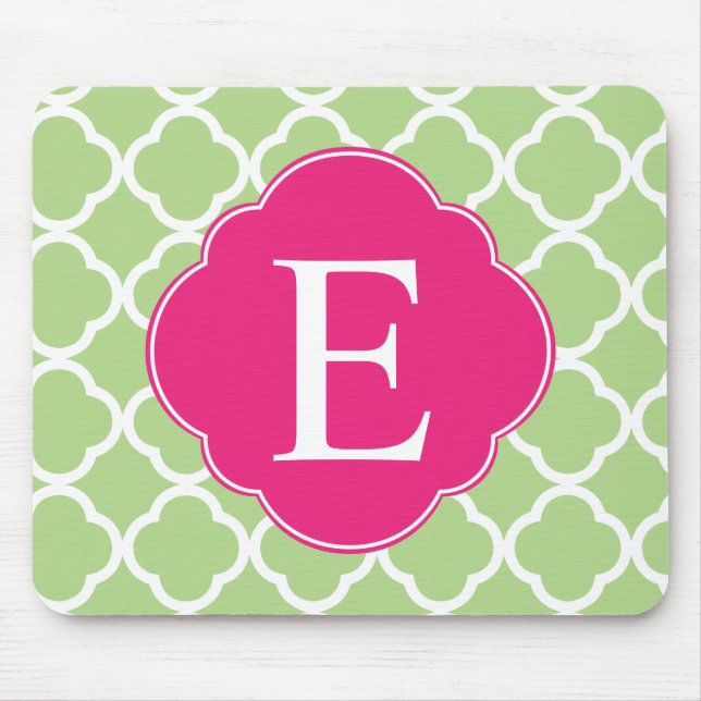 Green Pink Quatrefoil Monogram Mouse Mat (Front)