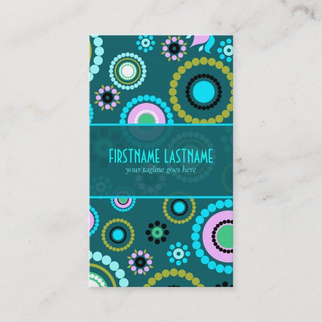 Green & Pink Retro Circle And Flowers Pattern Business Card (Front)