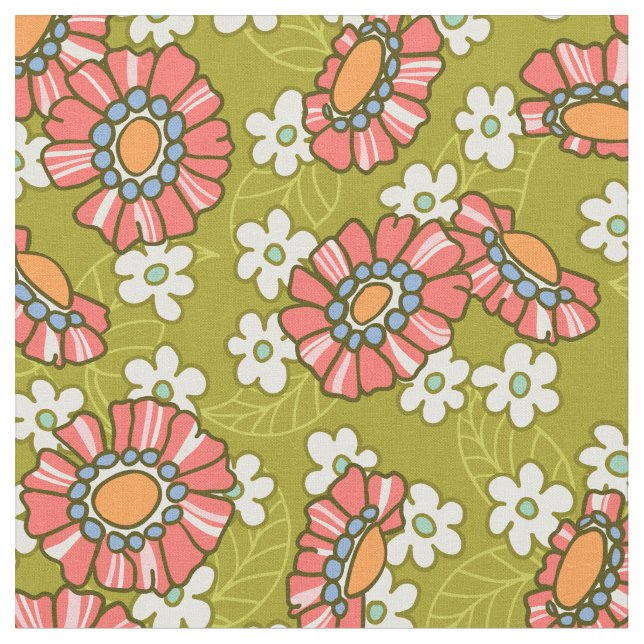 Green & Pink Retro Floral Pattern Fabric (Close Up)